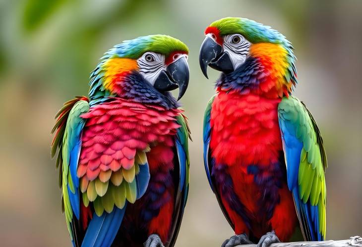 Two Stunning Parrots with Magnificent Feathers Perched Opposite Each Other